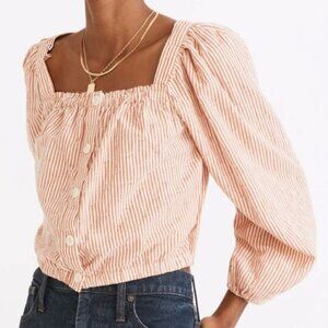 Madewell Striped Cotton Button-Up Puff Sleeve Blouse With Square Neckline